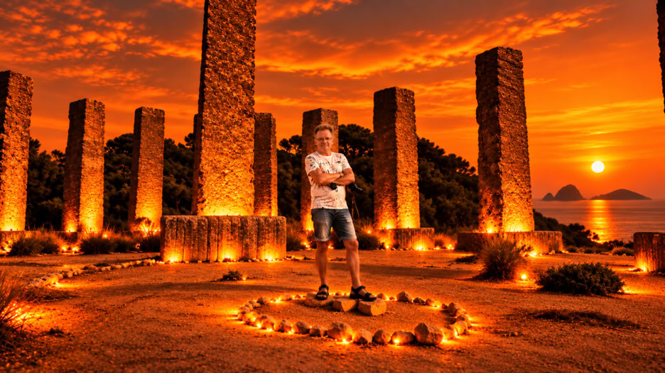 The iconic Time & Space monument on Ibiza, surrounded by Mediterranean nature and glowing in the warm orange light of sunset. A place that perfectly reflects the SoSoDeep feeling – music, lifestyle and the unique atmosphere of Ibiza.