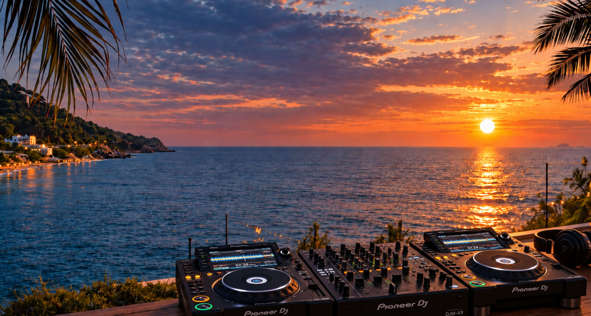 DJ setup overlooking the Mediterranean Sea at sunset, inspired by Ibiza Deep House and the warm Balearic sound of SoSoDeep. 